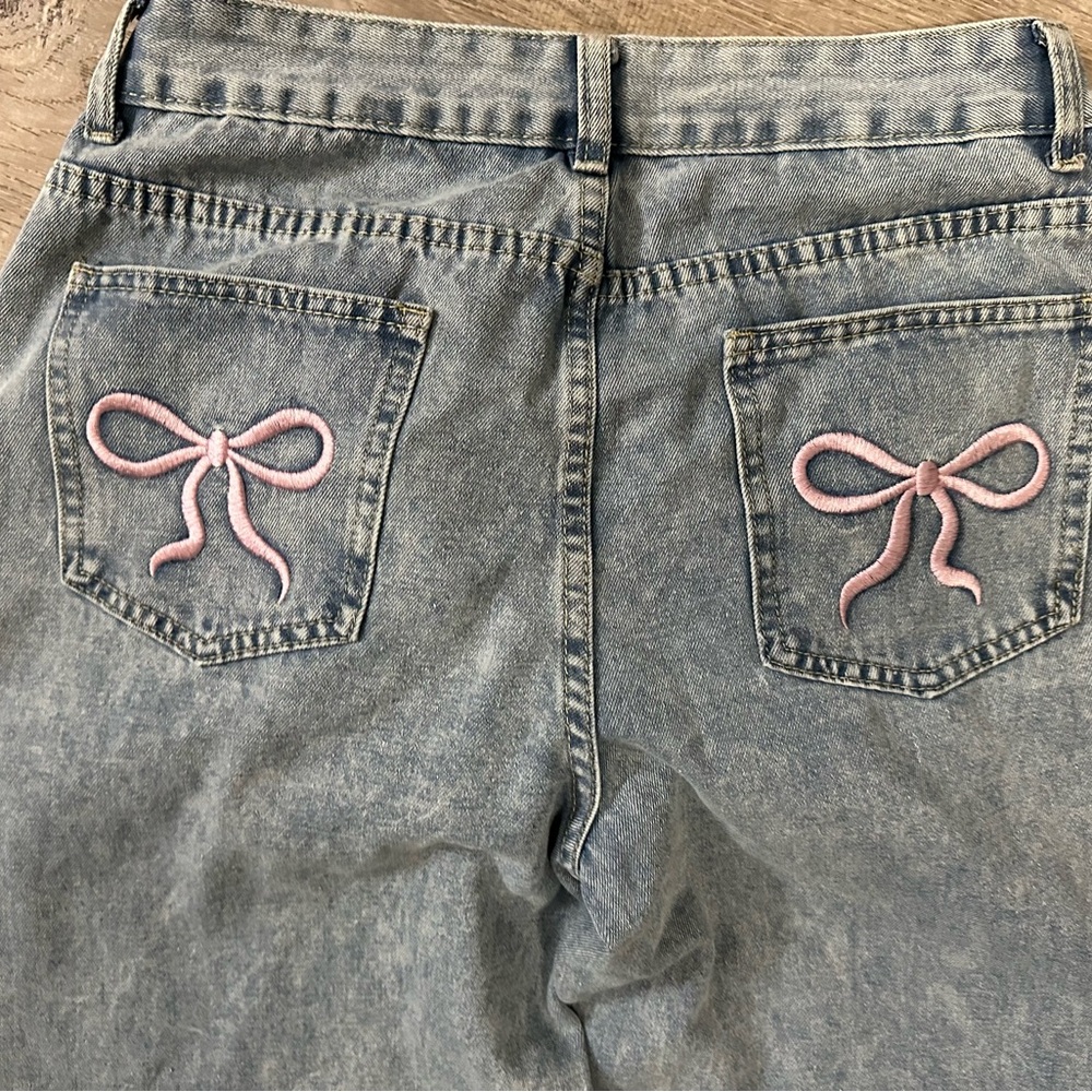 Women's Blue Jeans with Pink Bow Embroidery